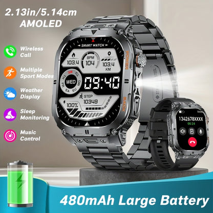 LIGE Smart Watch for Men with Flashlight, 2.13-inch Amoled Display, Smartwatch with 100+ Sports Modes, Monitor, IPX8, Multifunctional Smart Watch for iPhone and Android, Black, 2 Straps, Fitness Tracking Watch, Sleek Watch De