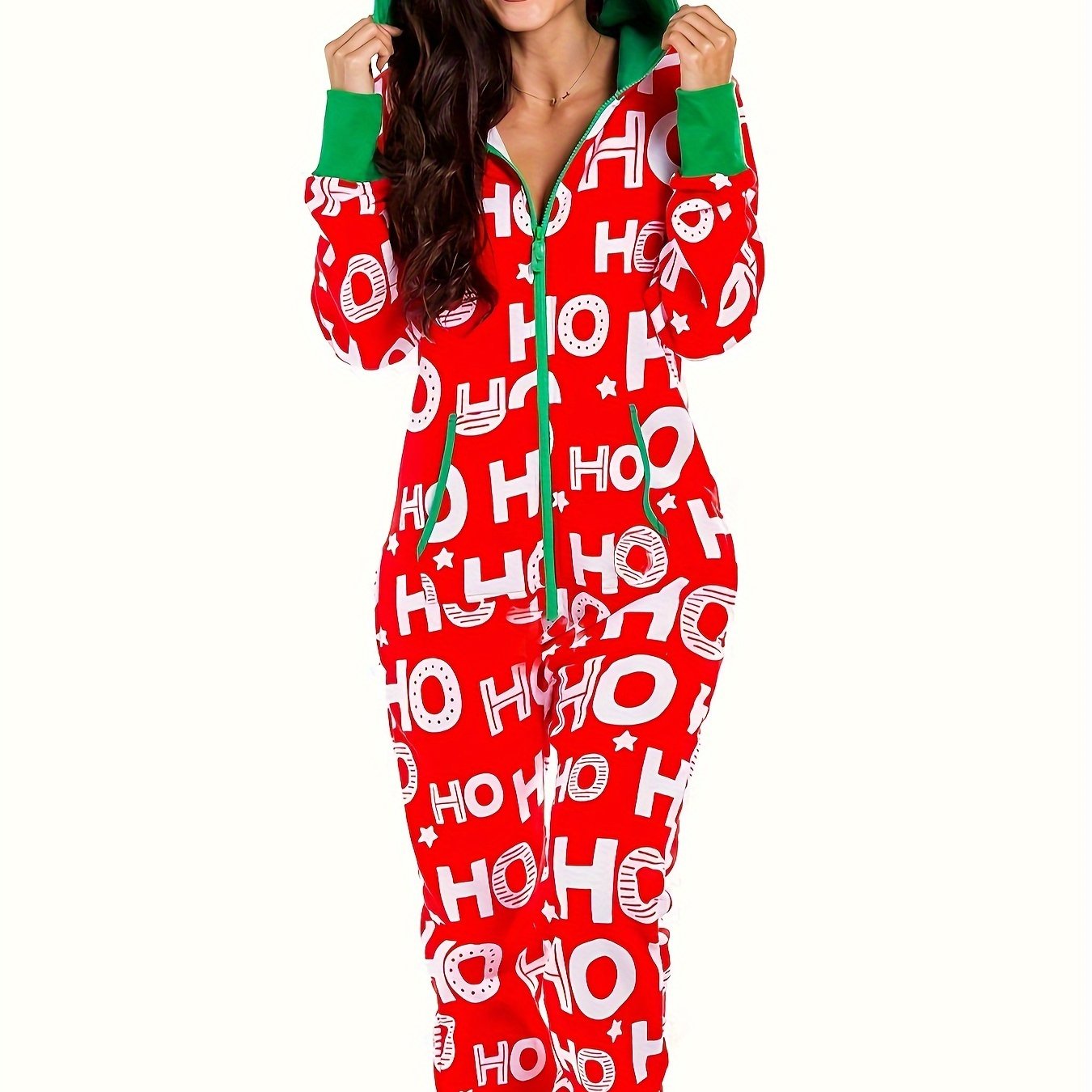 Ladies Festive Christmas Hooded Jumpsuit - Comfortable Long Sleeve "HO HO" Print, Front Zipper, Red and Green Festive Design, Machine Washable, Perfect for Fall/ Winter Parties, Christmas Clothes, Holiday Outfit, Seasonal Fas