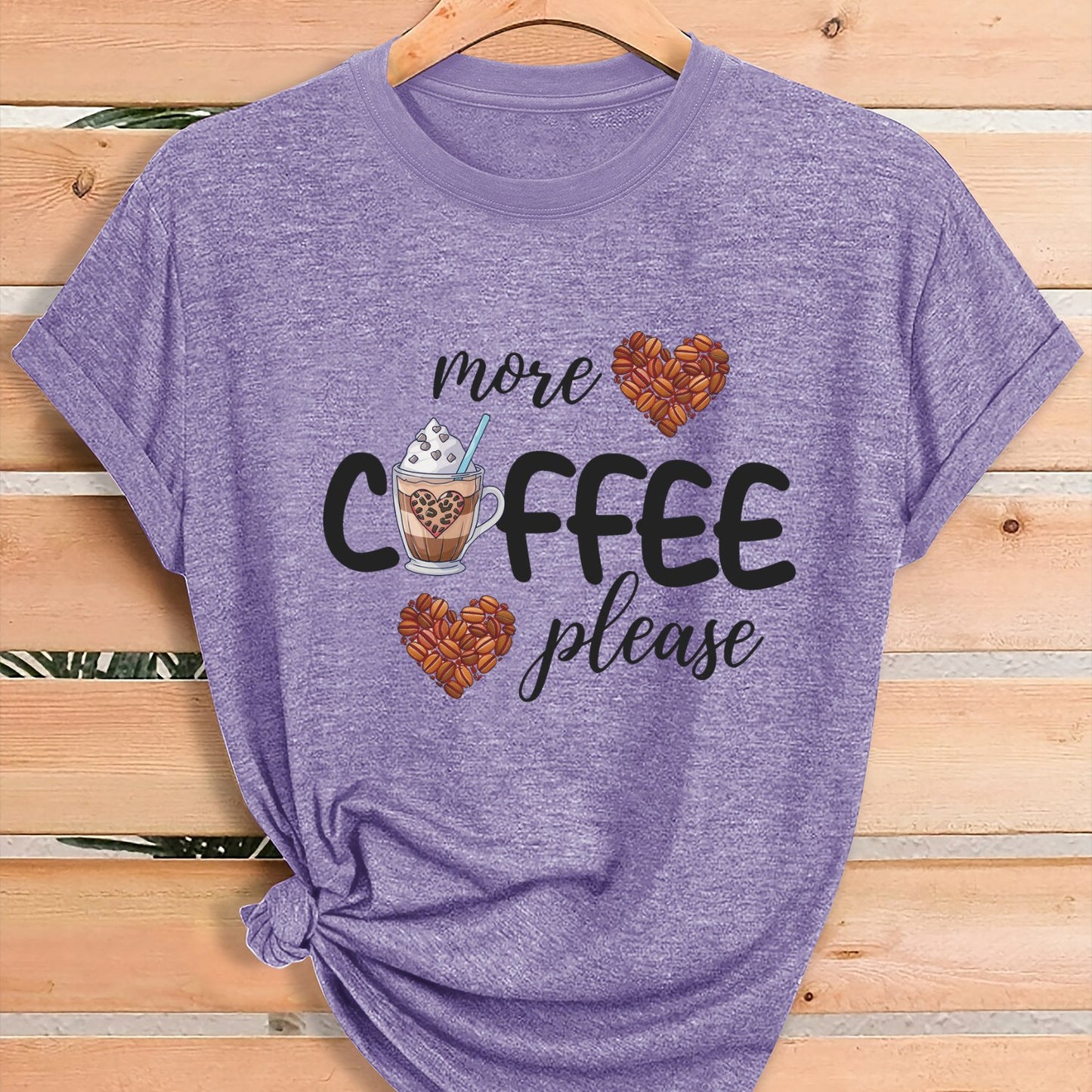 Women'S Coffee Lover Graphic T-Shirt - "More COFFEE Please" Print with Coffee Beans & Heart Eyes - Soft Stretch Round Neck Casual Streetwear Top for Gym, Casual Attire & Coffee Shop Outfits - All-Season Comfort Fit Tee, Coffe