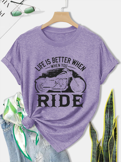 Women'S Motorcycle Graphic Long Sleeve T-Shirt - Turquoise Riding Slogan Print, Loose Fit Casual Top with Round Neck, All-Season Comfort for Motorcycle Enthusiasts, Outdoor Riding & Casual Attire, Breathable & Durable Apparel