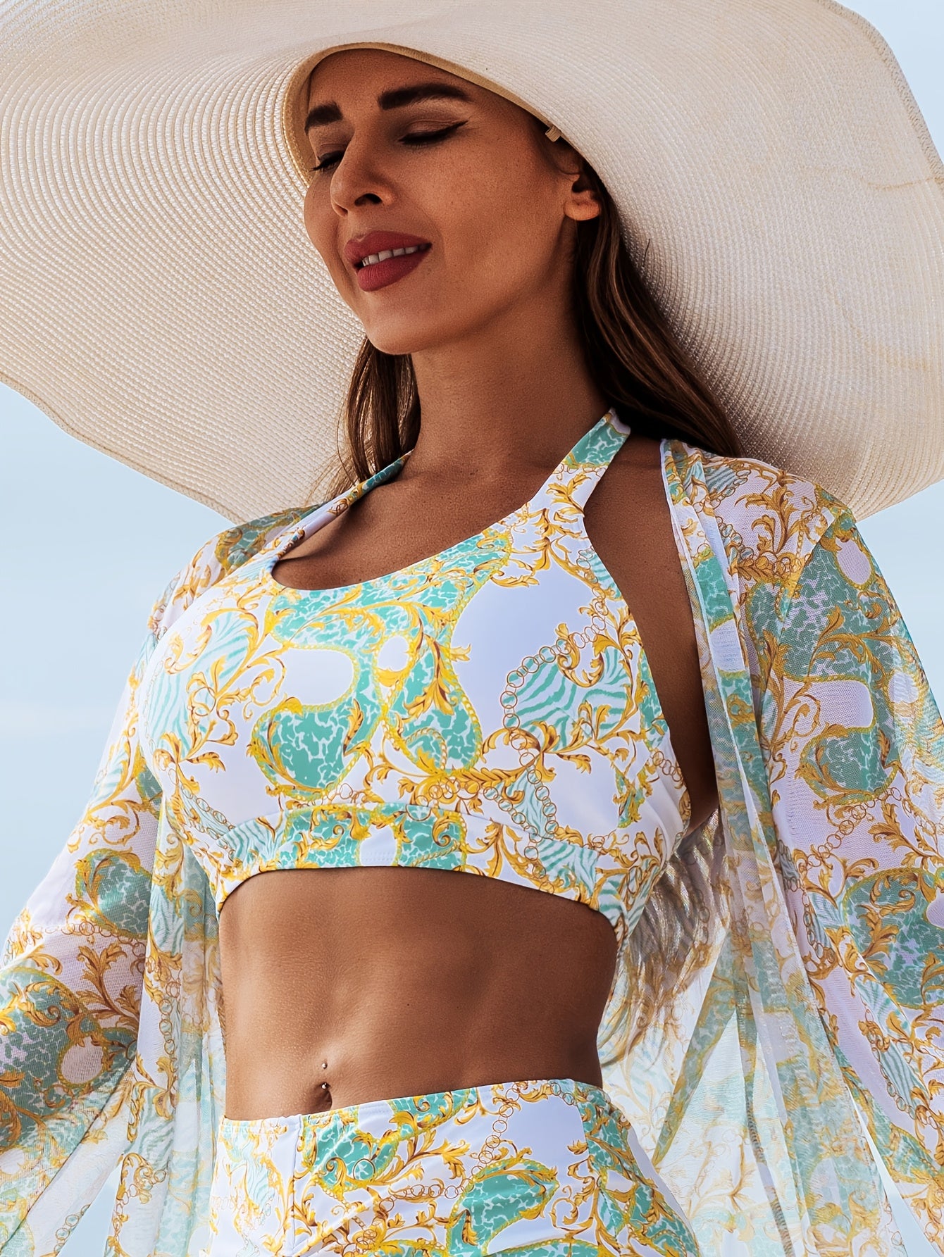 1012 2025 new fashion bikini three-piece blouse, Poolside Attire, Summer Fashion, Chic Blouse, Modern Swimwear, Stretchy Fabric, Breathable Material, Bikini Top, Swim Blouse, Beach Lovers
