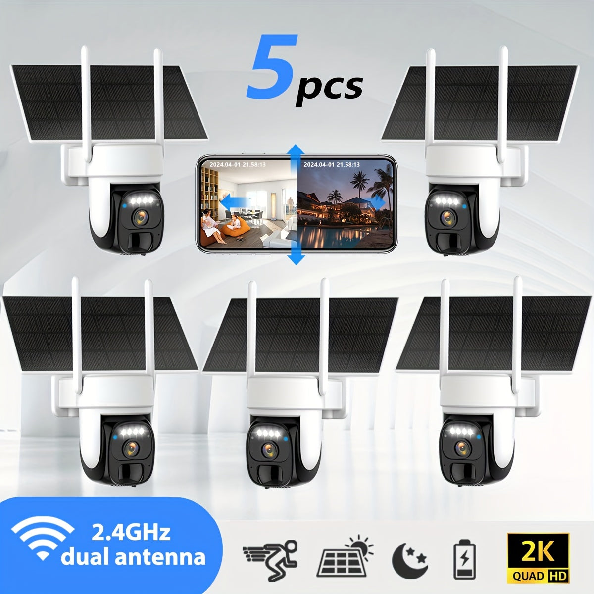 5pcs Solar Outdoor Wireless Security Camera, 2K 360° Panoramic Tilt Low Power WiFi Security Camera, Cctv 2.4G WiFi, PTZ With AI Motion Detection, Color Night Vision, Two-way Audio, Cloud Storage, Application Connection IP66