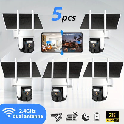 5pcs Solar Outdoor Wireless Security Camera, 2K 360° Panoramic Tilt Low Power WiFi Security Camera, Cctv 2.4G WiFi, PTZ With AI Motion Detection, Color Night Vision, Two-way Audio, Cloud Storage, Application Connection IP66