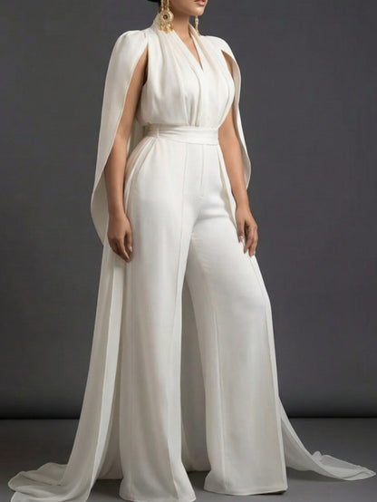 White V-Neck Capelet Waist- Wide-Leg Maxi Jumpsuit | Elegant and Exquisite Style Perfect for Parties, Formal Occasions & Light Social Events