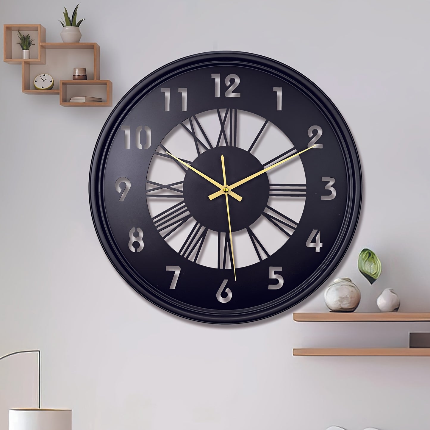 One 16-inch large wall clock, silent with no ticking sound, battery-powered digital clock, industrial metal indoor clock, suitable for living rooms, kitchens, cafes, home decor - available in black, Golden, and Silvery