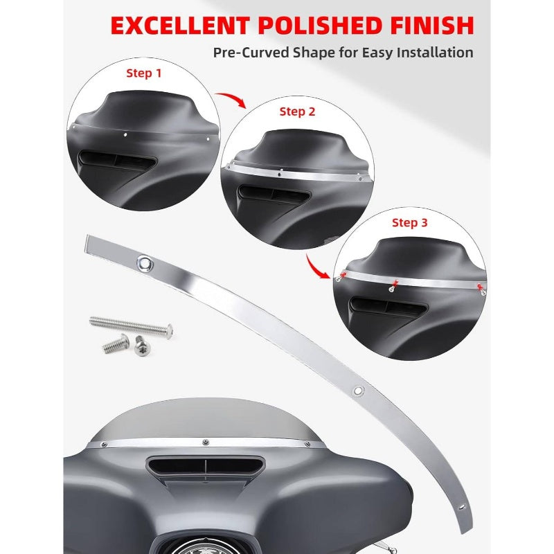Polished Chrome Windshield Trim Stainless Windscreen Trim Batwing Motorcycle Windshield Trim Fit Touring Street Glide Ultra Limited Glide 2014 - 2024, Cruiser Wind Deflector, Precisioncrafted Part, Corrosionresistant Accessor