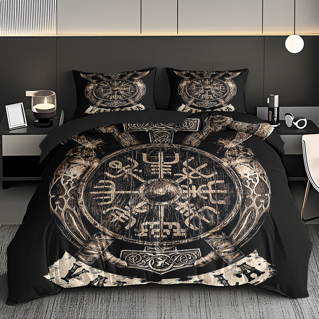 3pcs Comfortable Viking Shield Theme Duvet Cover Set, Soft High-Definition Digital Print, Soft, Breathable 100% Polyester, Perfect Gift, All-Season, Family And Friends Gift, Machine Washable (1 Duvet Cover + 2 Pillowcases, No