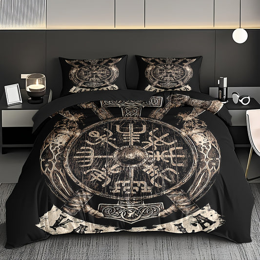 3pcs Comfortable Viking Shield Theme Duvet Cover Set, Soft High-Definition Digital Print, Soft, Breathable 100% Polyester, Perfect Gift, All-Season, Family And Friends Gift, Machine Washable (1 Duvet Cover + 2 Pillowcases, No
