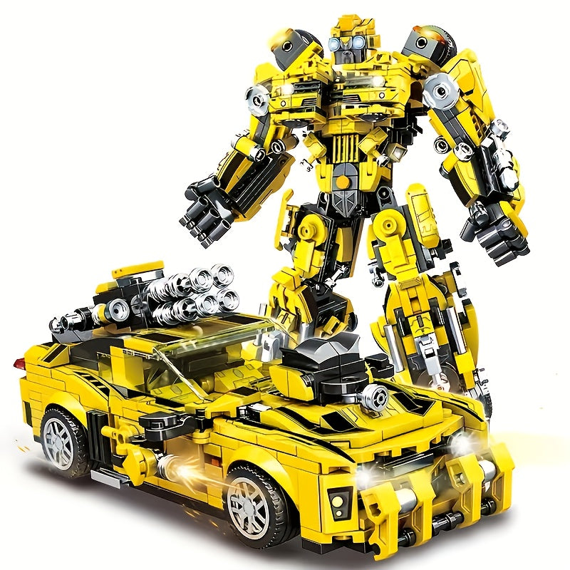 1 Set (2-in-1) Building Blocks Car Model Kit with Transforming Robot/Car - Heavy-Duty ABS Construction, Challenging Building Blocks Set with Moving Parts, Yellow & Black Building System with Clear Display Mode - STEM Learning