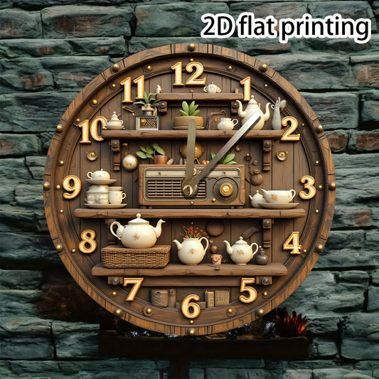 One 8-Inch 2D Flat Kitchen Theme Wall Clock with Vintage Radio and Teapot Design, Acrylic Silent Hanging Clock - No AA Batteries Included | Perfect for kitchens, living rooms & home decorations. Ideal Father's Day Gift