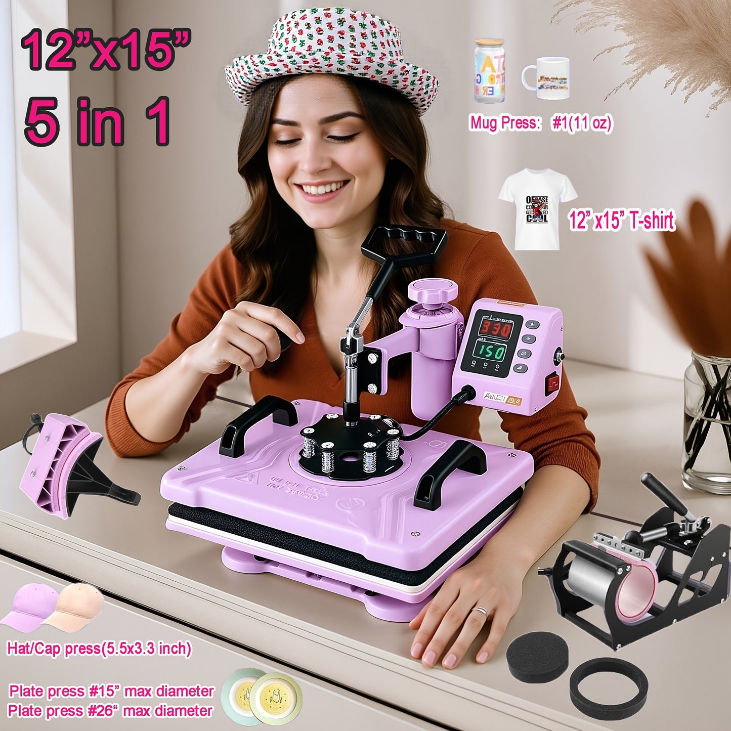 This Is a Versatile Heat Press Machine Combo Featuring an 8 in 1 And 5 in 1 Design, with Dimensions of 15"X15" And 15"X12". It Has a Rotatable Design And Is Suitable for Transferring Images Onto Various Items Such As T-Shirts