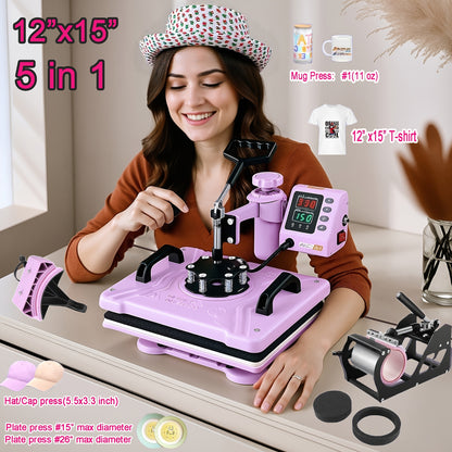 This Is a Versatile Heat Press Machine Combo Featuring an 8 in 1 And 5 in 1 Design, with Dimensions of 15"X15" And 15"X12". It Has a Rotatable Design And Is Suitable for Transferring Images Onto Various Items Such As T-Shirts