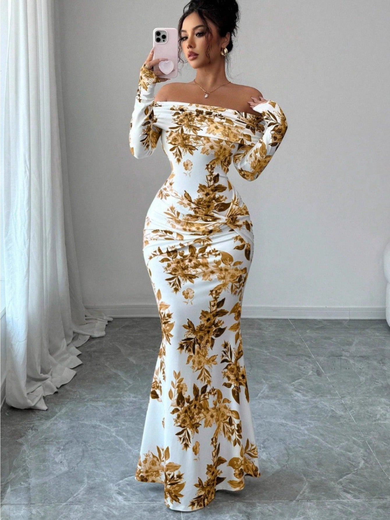 LUCKFOX Women's Clothing 2026 Waist and Thin Spring Early Spring Women's Clothing New Models, Daily Wear, Enjoy Elegant and Beautiful Printed Long Dress Temperament Slim One-word Shoulder Long-sleeved Dress Women Are Now