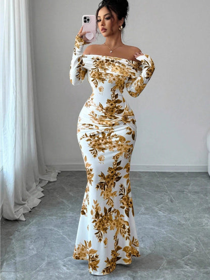 LUCKFOX Women's Clothing 2026 Waist and Thin Spring Early Spring Women's Clothing New Models, Daily Wear, Enjoy Elegant and Beautiful Printed Long Dress Temperament Slim One-word Shoulder Long-sleeved Dress Women Are Now