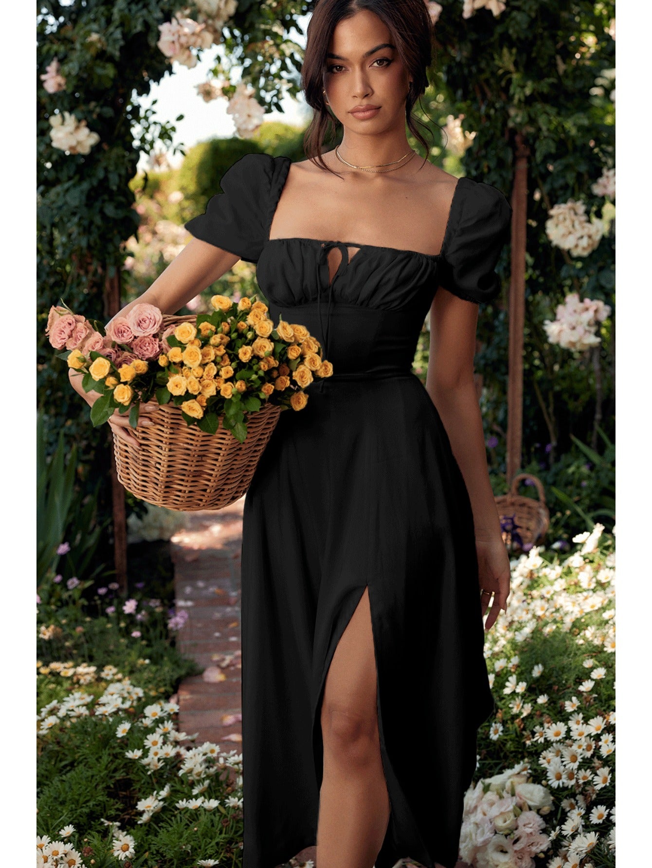 Elegant Puff Sleeve Tie-Waist Dress | High Waist Design, Off the Shoulder, Solid Color, Flared Hem, Midi Length for Spring/Summer Fashion