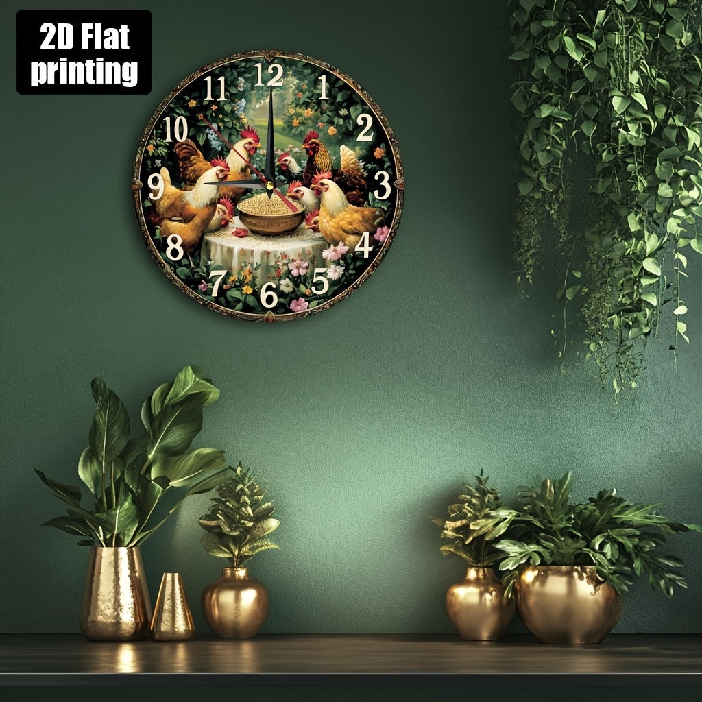 Farmhouse Chicken Rooster Wall Clock - Silent Non-Ticking Round Farm Decor with Golden Hands, Rustic Kitchen, Living Room, Bedroom Decoration - Easy-to-Read Large Numbers - Battery Operated (AA Not Included) - Durable Artific