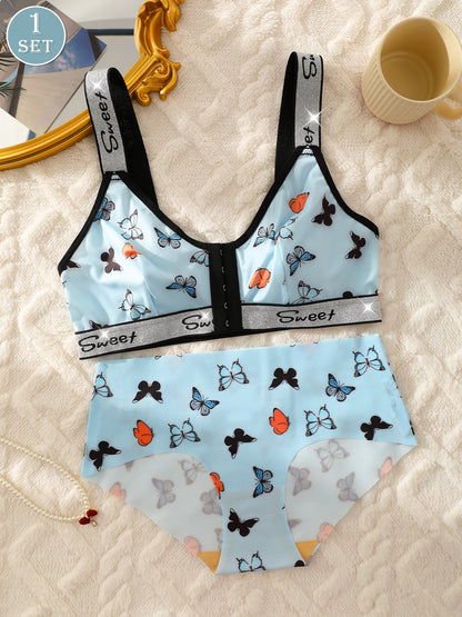 A Set of Butterfly Print Front-Button Women'S Lingerie, Featuring Wide Straps, a Wireless Bra, And Seamless Panties, Soft And Comfortable, Perfect for Everyday Wear in Autumn And Winter.