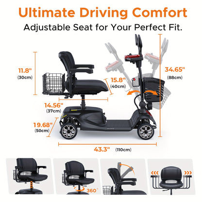 New 4-Wheel Mobility Scooter, 250W Motor, 5.6MPH Speed, 24V 12AH Battery, Solid 8"x3" Tires, Rearview Mirrors, Dual Baskets, Foldable & Adjustable Design, Easy To Control, Ideal For Daily Use And Outdoor Adventures, Blue