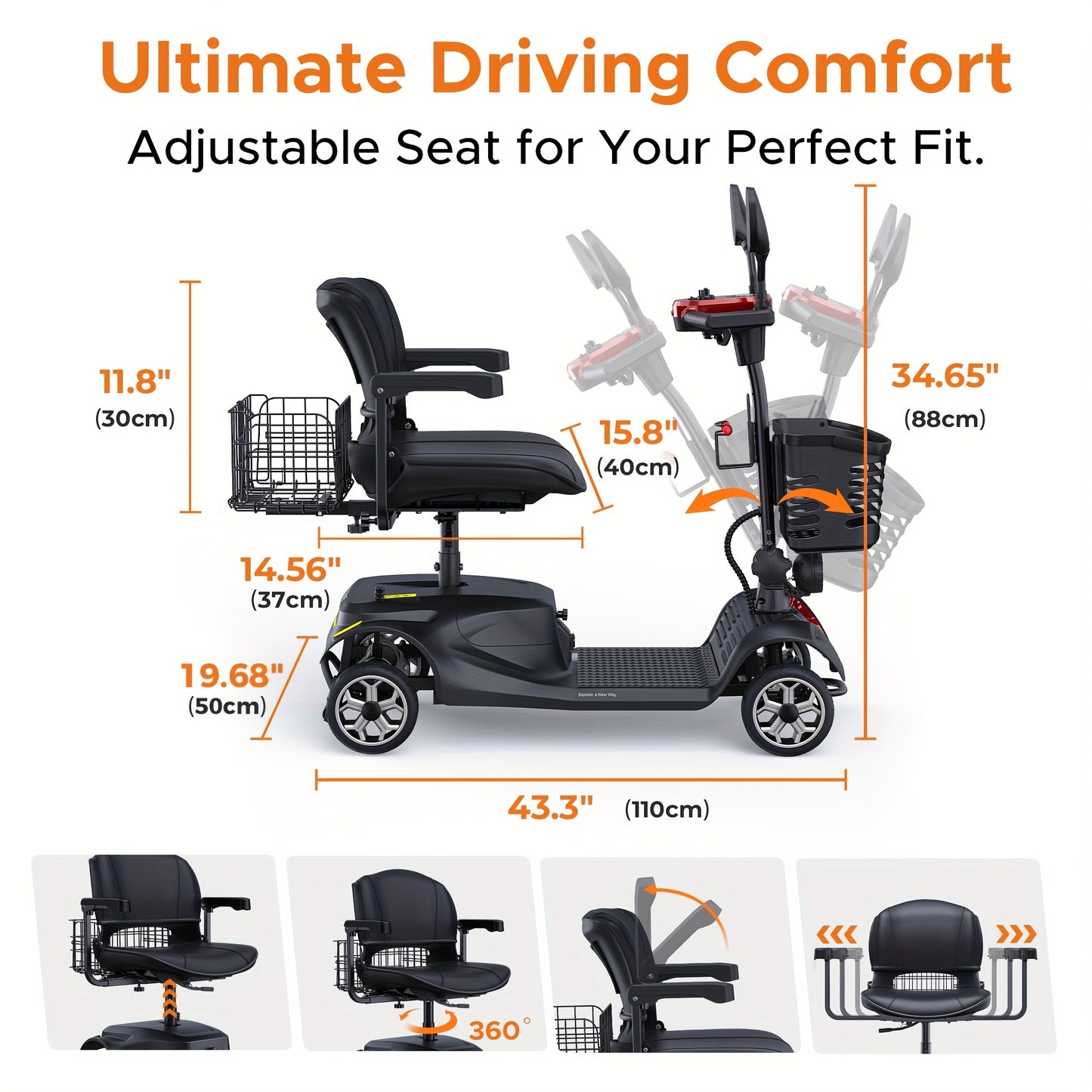 New 4-Wheel Mobility Scooter, 250W Motor, 5.6MPH Speed, 24V 12AH Battery, Solid 8"x3" Tires, Rearview Mirrors, Dual Baskets, Foldable & Adjustable Design, Easy To Control, Ideal For Daily Use And Outdoor Adventures