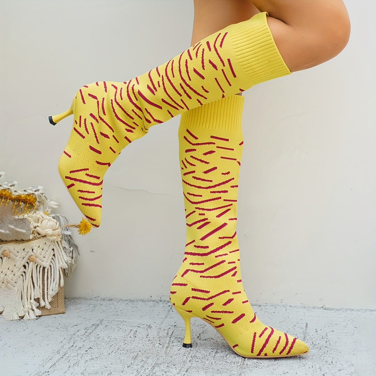 Women'S Plus Size Pointed Toe Stiletto Heel Knee-High Boots - Slip-On Chunky Heel Fabric Upper with Rubber Sole, Vibrant Yellow Fashion Boots for Casual & Formal Outfits, High Heel Boots, Formal Footwear, Pointed Toe Boots, D