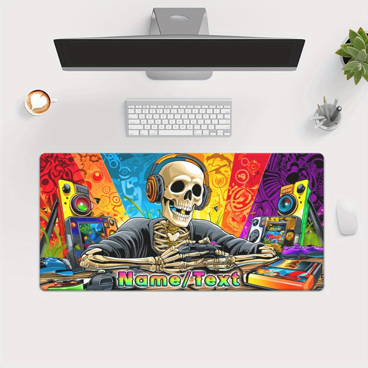 Customizable Skull Music Gaming Mouse Pad - XXL Multi-Functional Desk Mat with Vibrant Headphone & DJ Setup Design, Personalized Name/Text, Durable Rubber Base for PC, Office, Gaming - Unique Gift for Gamers & Music Lovers, M