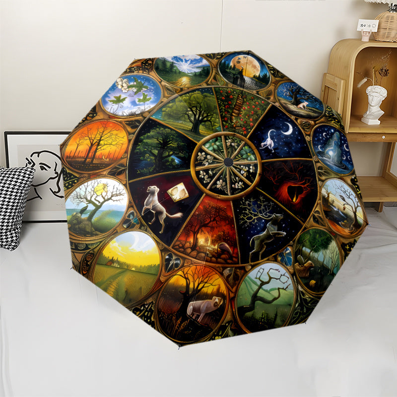 Automatic Open/Close Umbrella with 8-Rib Sturdy Frame - Auto Open Close Button, Portable Sunshade Canopy, Elegant Wheel of the Year Design with Seasonal Symbols (Winter, Spring, Summer, Fall) - Perfect Halloween, Christmas, B