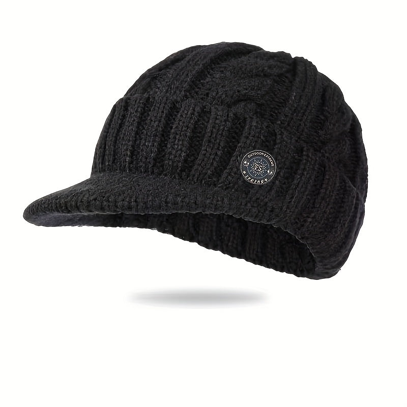Men'S Winter Warm Fleece-Lined Knit Beanie Hat - Thickened Ear Protection, Funky Style, Black with White Logo, Polyester 100., Ideal for Cycling & Outdoor Activities, Winter Headwear | Funky Beanie | Knit Construction, Winter