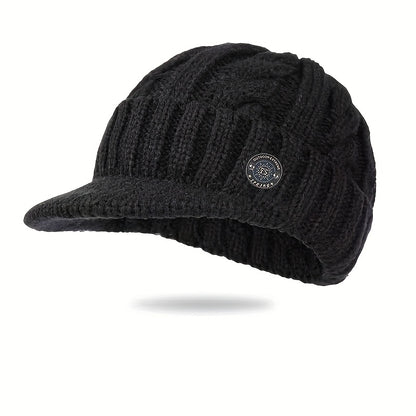 Men'S Winter Warm Fleece-Lined Knit Beanie Hat - Thickened Ear Protection, Funky Style, Black with White Logo, Polyester 100., Ideal for Cycling & Outdoor Activities, Winter Headwear | Funky Beanie | Knit Construction, Winter