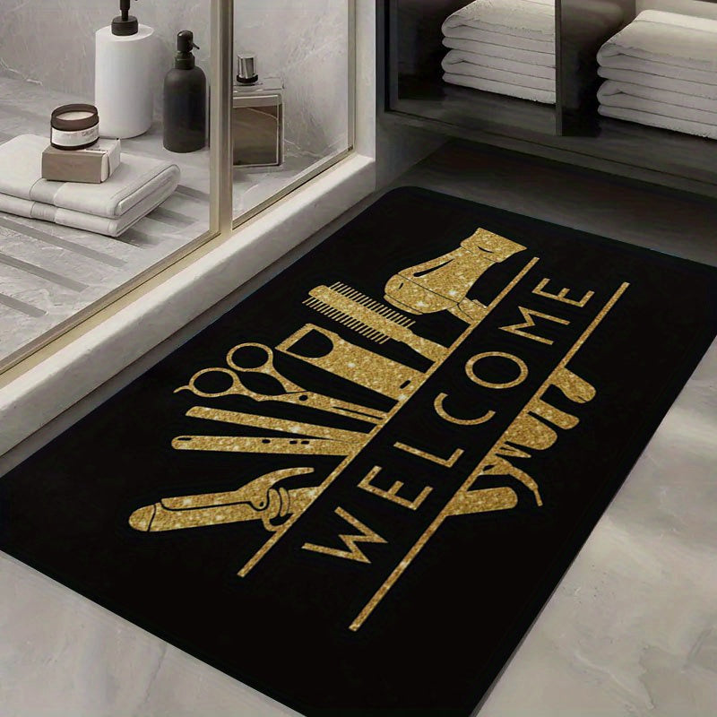 1pc Salon Barber Shop Mat - Anti-Slip Bathroom with Golden Hair Tools Design (Scissors, Comb, Boots), Extra Large Non-Slip Door Mat for Salon, Bathroom, Entryway - Machine Washable Heavy-Duty Rubber Base - Ideal Gift for Hair
