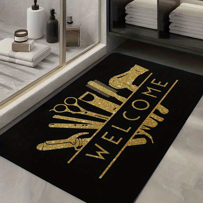 1pc Salon Barber Shop Mat - Anti-Slip Bathroom with Golden Hair Tools Design (Scissors, Comb, Boots), Extra Large Non-Slip Door Mat for Salon, Bathroom, Entryway - Machine Washable Heavy-Duty Rubber Base - Ideal Gift for Hair