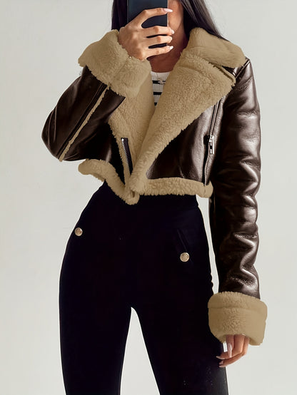 Vintage Street-Style Zip-Up Jacket with Rollable Cuffs, Teddy Lining, Made of, Perfect for Motorcycle Riding.