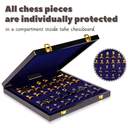 Luxury Marbling Chess Set with Marble Board & Zinc Alloy Metal Pieces - Elegant Marbled Design with Golden & Pattern, Extra Queens Included - Durable Travel-Friendly Chessboard for Adults, Beginners & Professionals - Ideal Gi