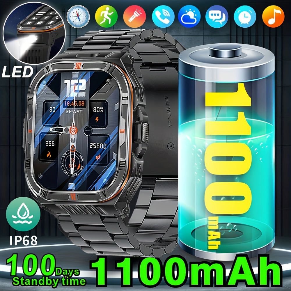 COIUSOR Men'S & Women'S Outdoor Sports Smart Watch with Flashlight, 1100mAh Large-Capacity Battery, Built-in Compass, 100+ Sports Modes, 2.01" HD Display, Wireless Calls, AI Voice Assistant, USB Rechargeable - Ideal Holiday G