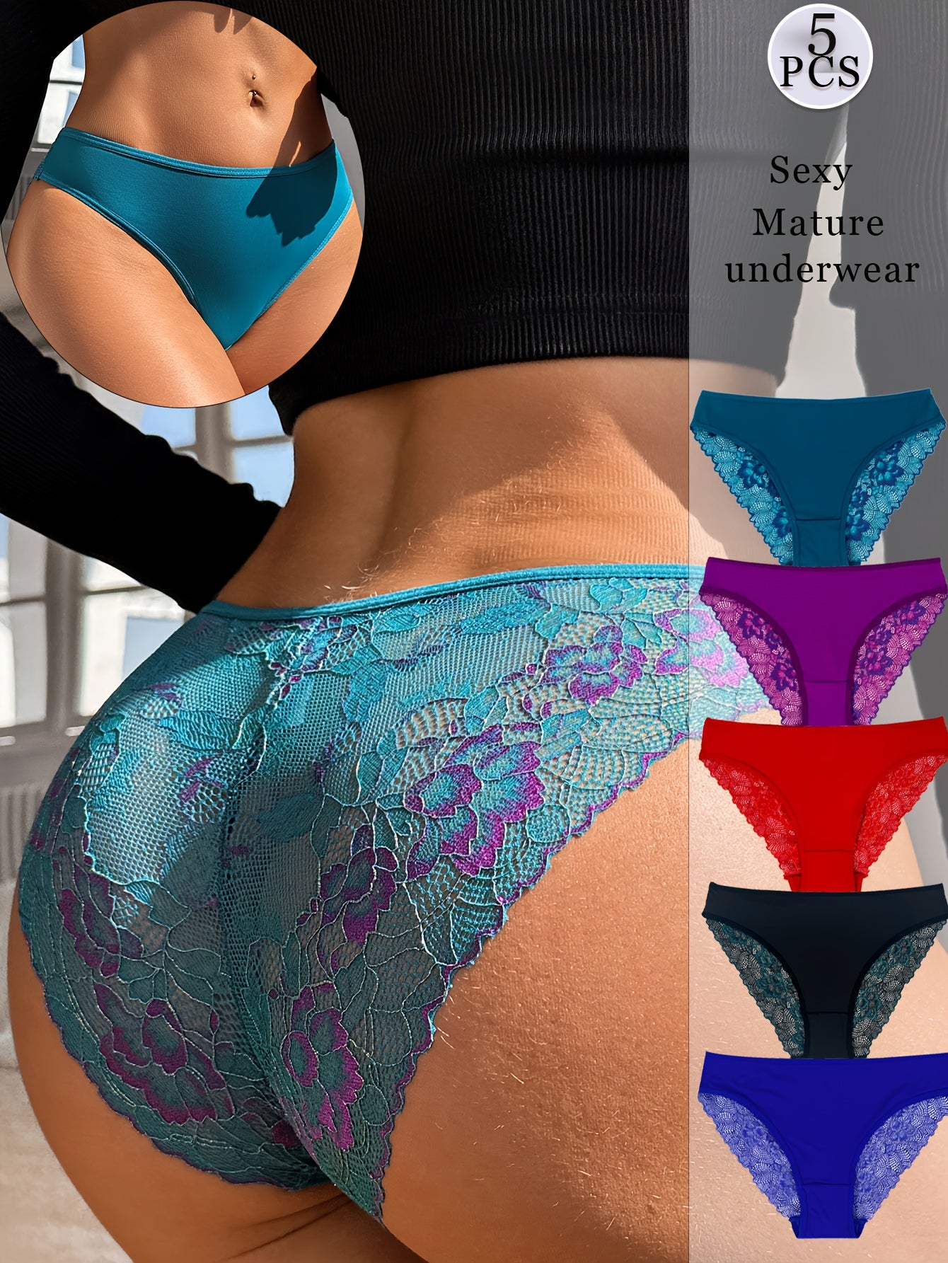 5pcs Women's Brief Underwear - Sexy Contrast Lace, Semi-Sheer Polyamide Knit Fabric - Elegant Drop Waist | Smooth & Soft | Hand Wash Only