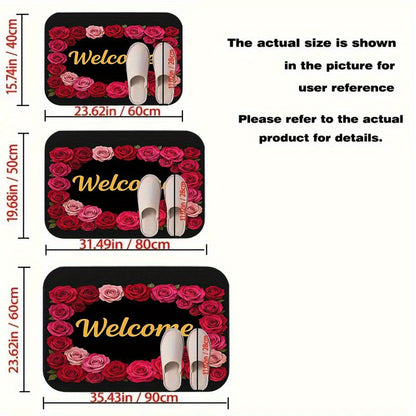 1pc Non-Slip Welcome Doormat - Red Roses & Welcome Golden Lettering on Black Background, High Quality Bathroom Mat, Entryway Mat, Camping Floor Mat - Machine Washable Rubber Backing for Indoor/Outdoor Use - Perfect for Christ