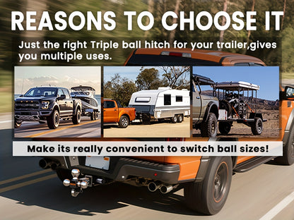 Trailer Hitch Tri-Ball Mount With Hook Contain Secure Self-Lock Latch, Hitch Ball Size 1-7/8", 2" And 2-5/16", Fit 2 Inch Hitch Receiver, Tow Hitch With Double Anti-Theft Pins Locks
