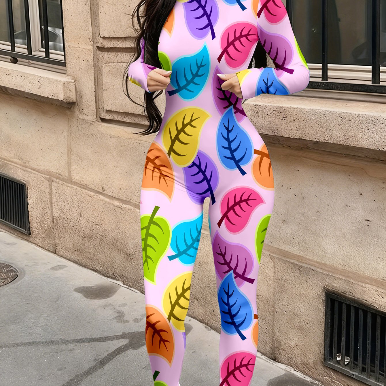 Autumn Women'S Trendy Printed Jumpsuit | Casual and Fashionable Sexy Long Sleeved Tight Jumpsuit with Geometric Pattern and Crew Neck