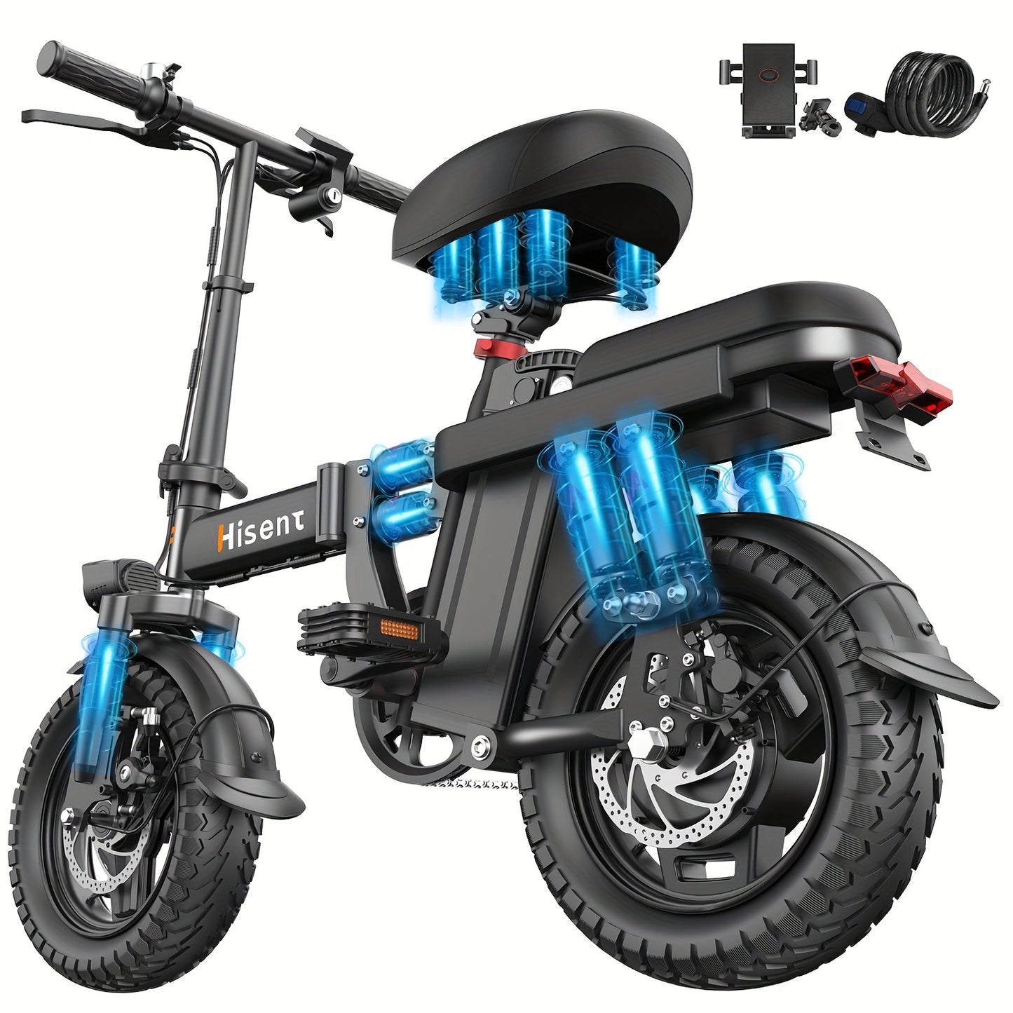 Hisent Adult Electric Bicycle, 48V 6A10A/15A/17.5A Lithium Battery, 20MPH, 8-35 Miles Range, 740W Brushless Motor, Multiple Shock Absorbers, 14" High-quality Tires, 3-step Folding, LCD Display, with Headlight And Taillight, C