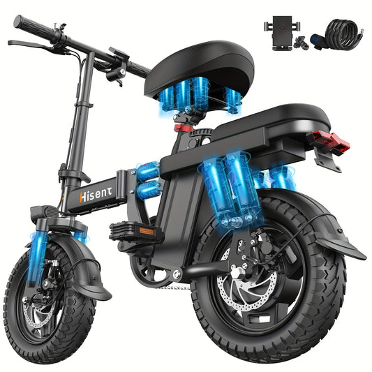 Hisent Adult Electric Bicycle, 48V 6A10A/15A/17.5A Lithium Battery, 20MPH, 8-35 Miles Range, 740W Brushless Motor, Multiple Shock Absorbers, 14" High-quality Tires, 3-step Folding, LCD Display, with Headlight And Taillight, C