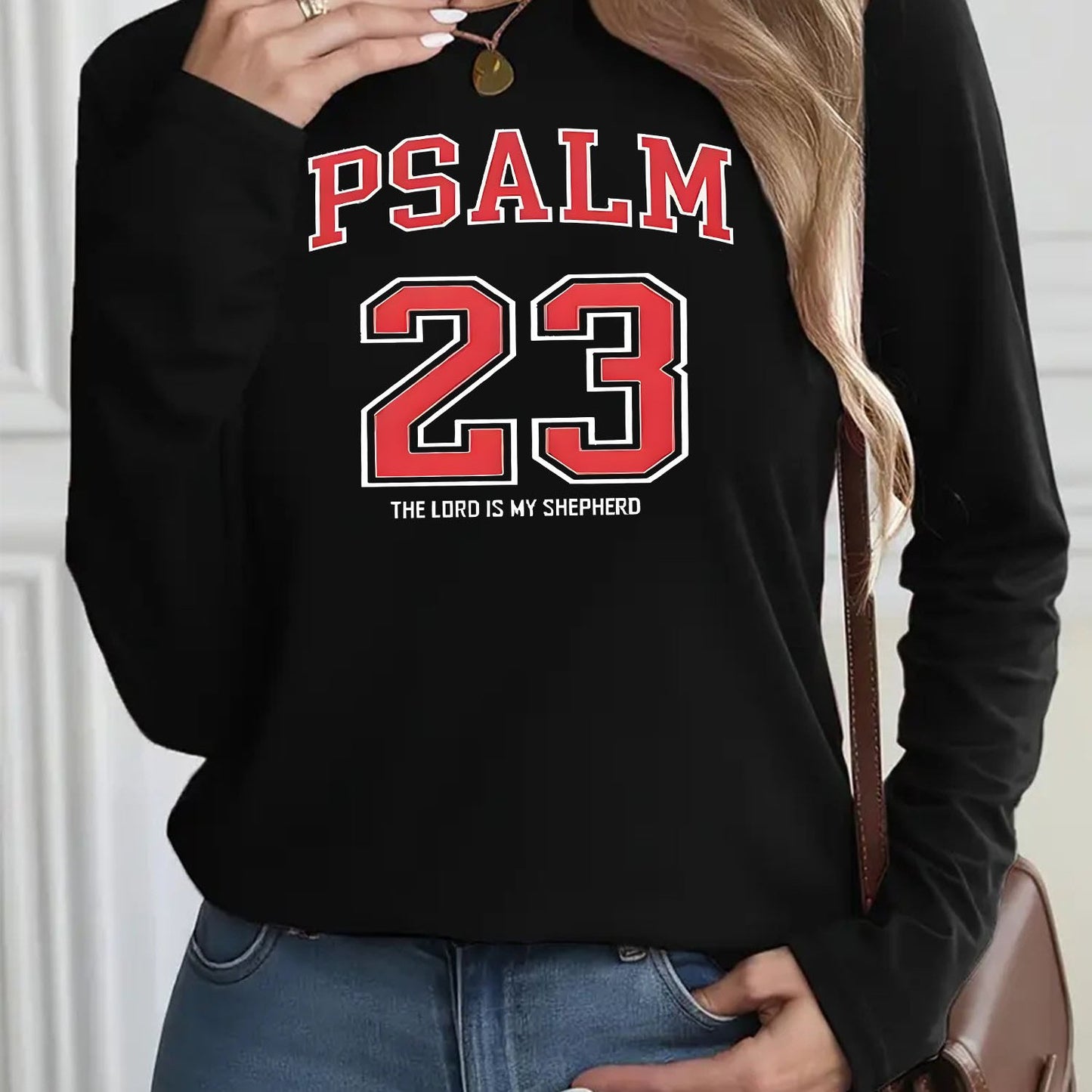 Women's PSALM 23 Print Long Sleeve Round Neck T-Shirt - Sporty Casual Style, Soft & Breathable for Autumn/Winter, 95% Polyester 5% Spandex 180g, Exquisite Printing, Stylish Minimalist Design, Vibrant Comfort