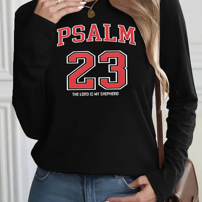 Women's PSALM 23 Print Long Sleeve Round Neck T-Shirt - Sporty Casual Style, Soft & Breathable for Autumn/Winter, 95% Polyester 5% Spandex 180g, Exquisite Printing, Stylish Minimalist Design, Vibrant Comfort