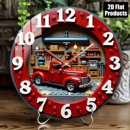 12-Inch Vintage Red Pickup Truck Garage Wall Clock with Silent Quartz Movement - Retro Round Glass Face, Block Numbered 1-12, Garage-Themed Hands & Decor for Man Cave, Workshop, Room (AA Battery Not Included)