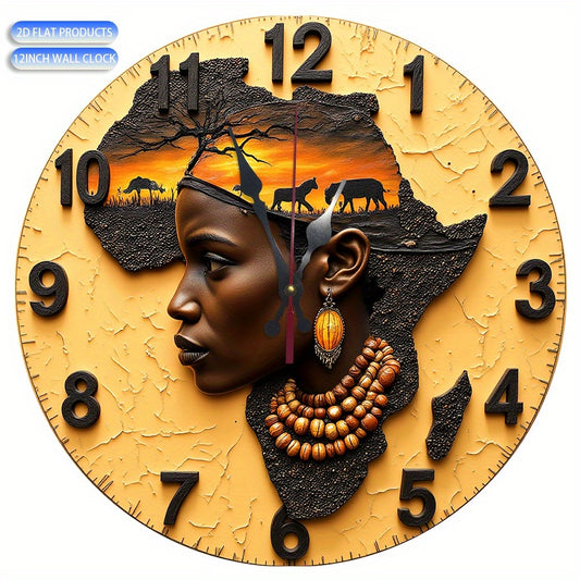2D plane 10-inch silent quartz wall clock, African design, circular manufacturing, wood simulation display, battery-powered (AA batteries not included), suitable for home decoration, suitable for living room, kitchen, dormito