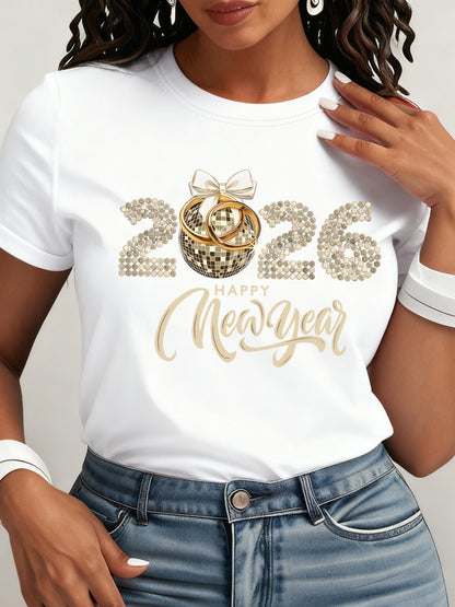 Women's 2026 New Year T-Shirt - Casual Round Neck Short Sleeve - Black & Golden Party Outfit for NYE 2026 Celebrations - Golden 2026 Number & Happy New Year Lettering with Rhinestone-Like 2026 Accent (Machine Washable)