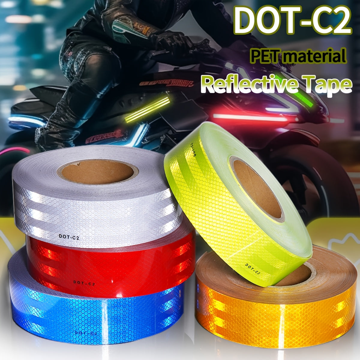 DOT-C2 Reflective Safety Tape for Vehicles - Waterproof, Self-Adhesive PET Material, Night Visibility Warning Decal for Cars, Bikes, Motorcycles, and Traffic Signs - Durable Weatherproof Marking Tape for Road Transport and Ha