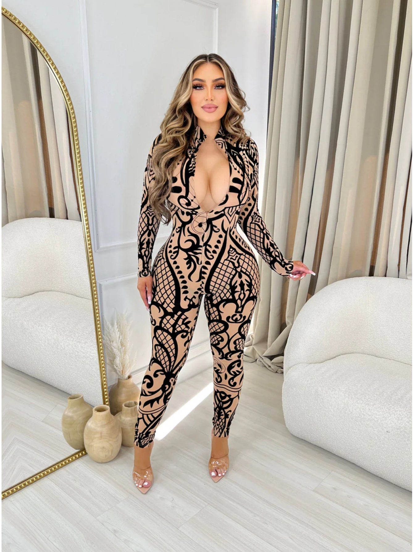 Women'S Sexy Geometric Print Full-Zip Jumpsuit - Long Sleeve Full-Length Pants Bodysuit with V-Neck, All-Over & Pattern, Stretchy Comfort Fit for Casual to Formal Events, Year-Round Wear, Easy Zipper Closure (No Fasteners) -