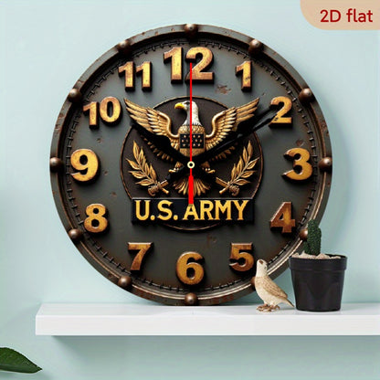 9.8" U.S. Army Silent Wall Clock - 2D Flat Printed Eagle Olive Branch Design, Artificial Wood Quartz Battery Operated (AA), Non-Luminous Military-Themed Home Decor for Living Room, Bedroom, Coffee Area, Clock for Living Room,