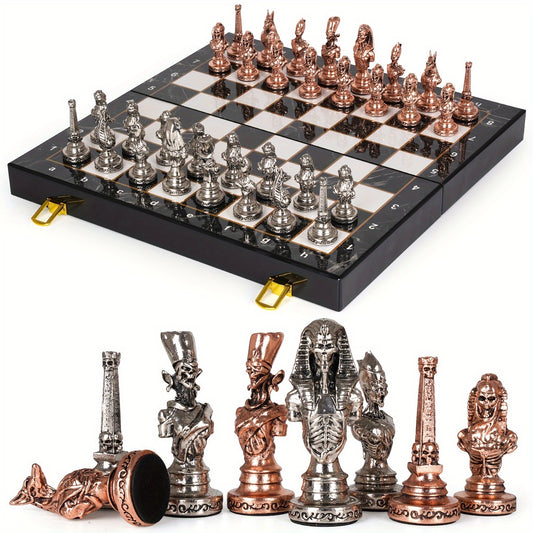 Luxury Edition Egyptian Themed Chess Set - 15-Inch Marbled Travel-Foldable Chess Board with Weighted Metal Pieces, Collectible Vintage Game for Adults and Families -  For Chess Enthusiasts & Collectors - Perfect Gift for Game