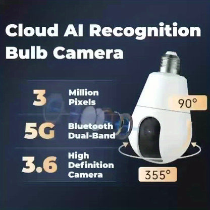 3MP Wireless Smart Light Bulb Security Camera, 2.4GHz/5G/WiFi, Connection, with 360° AI Motion Detection, 3.6mmHD Lens Full Color Night Vision, Automatic Tracking, Alarm System, Indoor, Home Security Solution, Wireless Secur
