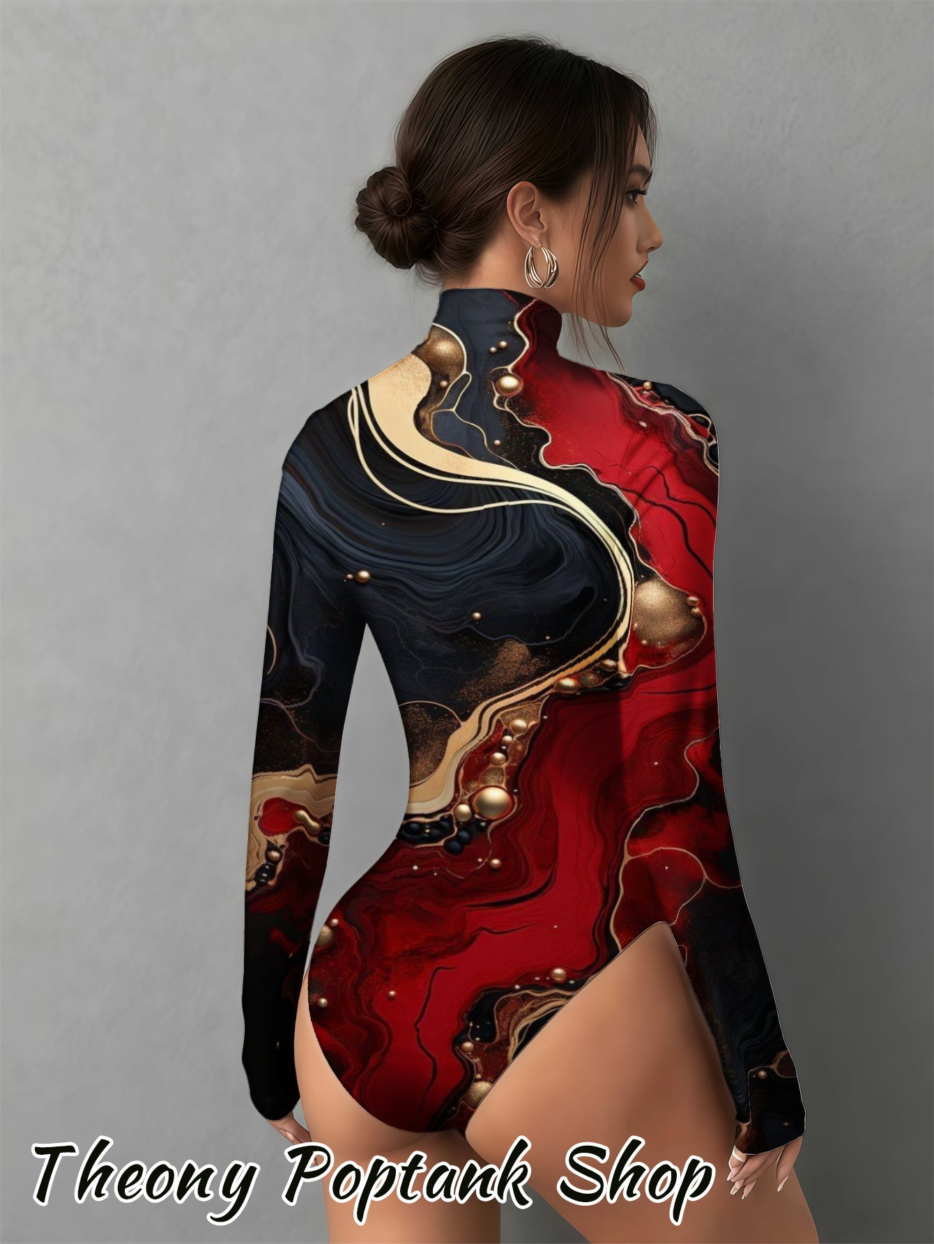 Women's Elegant Marble Red Golden Print Mock Neck Bodysuit - Slim-Fit Long Sleeve Jumpsuit, Red & Golden Marble, Machine Washable, Holiday Wedding Guest Attire, Ultra-Casual Wear - Exclusively Designed for Women